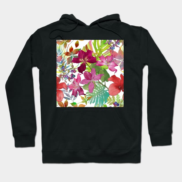 Tropical flowers and leaves watercolor summer botanical illustration. Bauhinia, Hibiscus flowers Monstera, palm leaves. Aquarelle vibrant jungle print. Hoodie by likapix